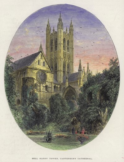 Bell Harry Kulesi, Canterbury Katedrali, Kent (renkli gravür) by English School