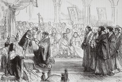 Beza, Poissy Konuşmasında Krala Fransız Protestan Kilisesi'nin İtirafını sunarken, James Aitken Wylie'nin (1808-1890) Protestanlığın Tarihinden bir örnek, pub. 1878 (tur by English School