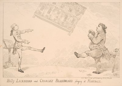 Billy Blackbeard ve Charley Blackbeard futbol oynuyor, Doğu Hindistan Yasa Tasarısına atıfta bulunan hicivli karikatür, W. Humphrey tarafından yayınlandı, 1744 by English School