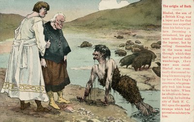 Bath şehrini kurduğu söylenen efsanevi Britanya Kralı Bladud (renkli taş) by English School