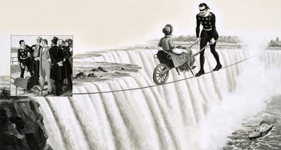 Blondin (Francois Gravelet), bir el arabasını Niagara Şelalesi üzerinde bir ipin üzerinden itiyor. by English School