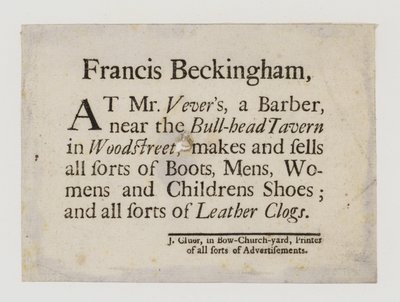 Boot and Shoemakers, Francis Beckingham, ticari kart by English School