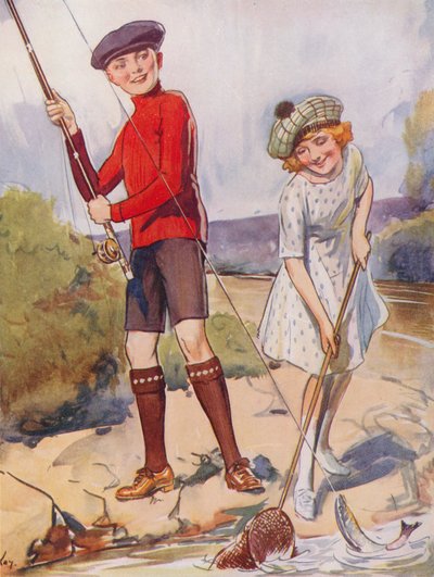 Balık yakalayan kız ve erkek çocuk (renkli lito) by English School
