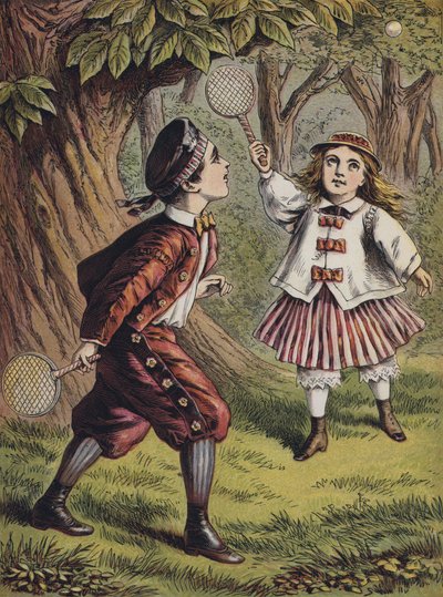 Sopa ve topla oynayan kız ve erkek çocuk (renkli taş baskı) by English School