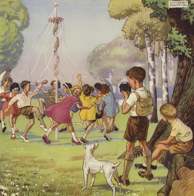 Bir Mayıs Kutbu etrafında dans eden çocukları filme alan çocuk (renkli taş) by English School