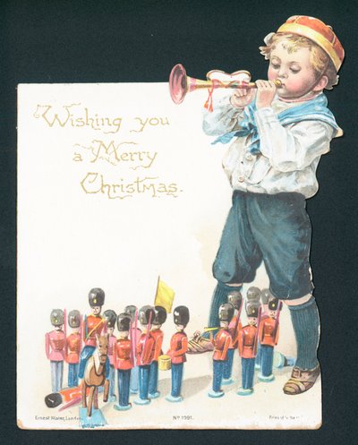 Oyuncak askerlerle oynayan ve trompet üfleyen çocuk, Noel Kartı by English School