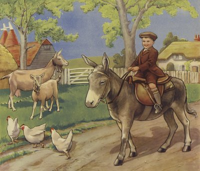 İngiliz kırsalında eşeğe binen çocuk (renkli taş) by English School