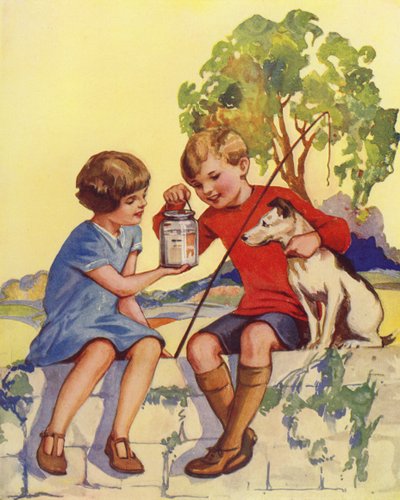 Yakaladığı beş küçük balığı gösteren çocuk (renkli taş) by English School