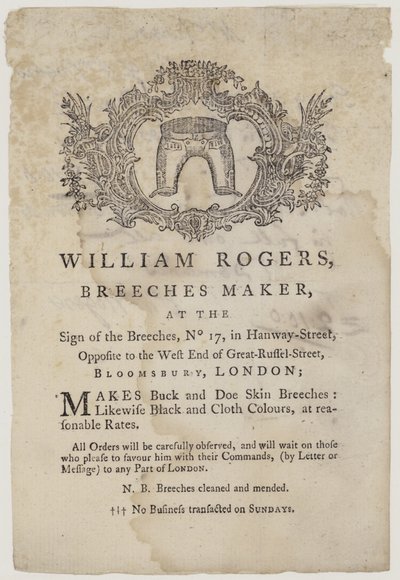 Pantolon Üreticileri, William Rogers, ticari kart by English School