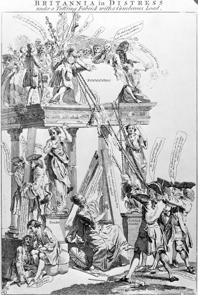 1756 dolaylarında, hantal bir yük ile sendeleyen bir kumaşın altında sıkıntı içinde olan Britannia by English School