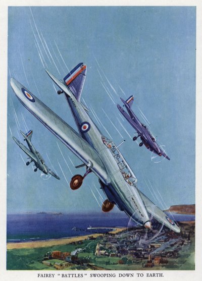 İngiliz Fairey Battle hafif bombardıman uçakları yere doğru dalıyor (renkli taş) by English School