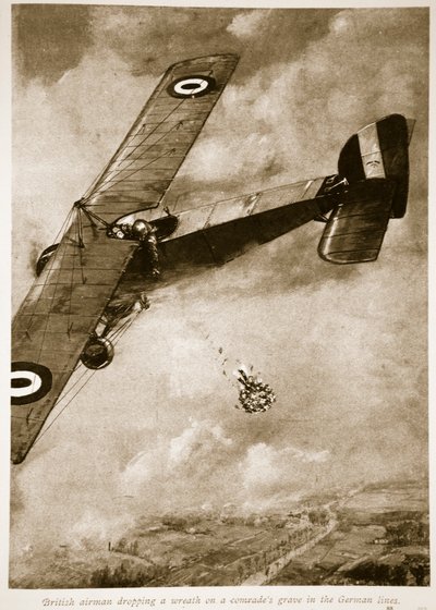 İngiliz havacı, Alman hatlarında bir yoldaş mezarına çelenk bırakıyor, 1914-19 by English School