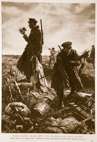 İngiliz askerleri, düşman topraklarına ilerledikten sonra enkazı temizliyor, 1914-19 by English School