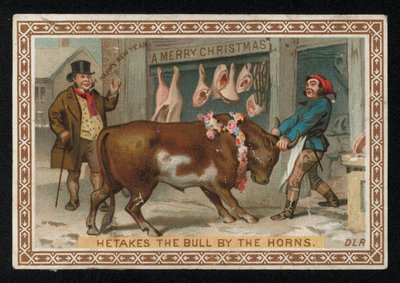 Kasap dükkânına bir boğa çekiyor, Noel tebrik kartı. (kromolito) by English School