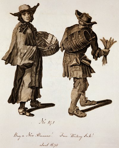 Yeni bir Almanak satın alın! İnce yazı mürekkebi!, 1675 civarında sokak satıcılarının illüstrasyonu by English School
