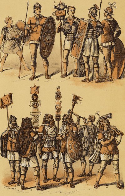 Caesar, Galya Savaşı: Romalı askerler (renkli taş baskı) by English School
