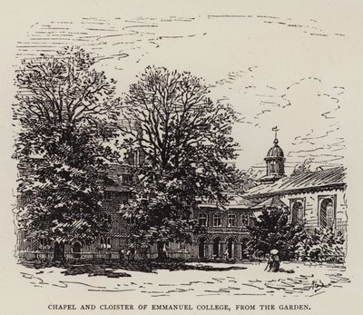 Cambridge: Bahçeden Emmanuel Koleji Şapeli ve Manastırı (gravür) by English School
