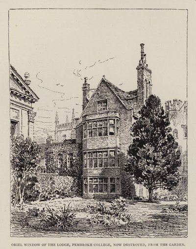 Cambridge: Köşkün Oriel Penceresi, Pembroke Koleji, şimdi bahçeden yok edildi (gravür) by English School