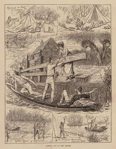 Thames nehrinde kamp yapmak (gravür) by English School