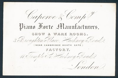 Caperoe & Company, piyano forte üreticileri, ticari kart by English School