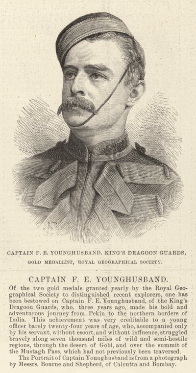 Kaptan FE Younghusband, Kral Ejderha Muhafızları, Altın Madalya Sahibi, Kraliyet Coğrafya Derneği (gravür) by English School