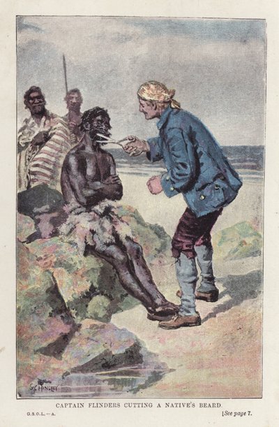 Kaptan Flinders bir Yerlinin Sakalını kesiyor (renkli taş) by English School