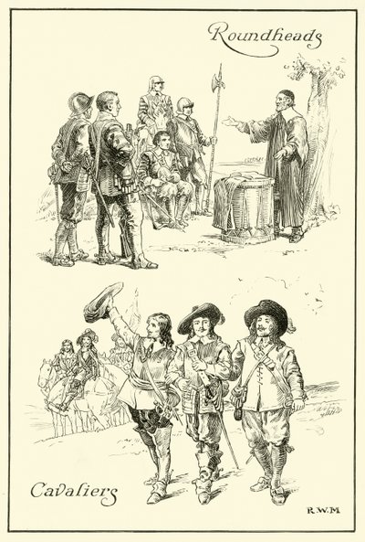 Cavaliers ve Roundheads (kağıt üzerine mürekkep) by English School