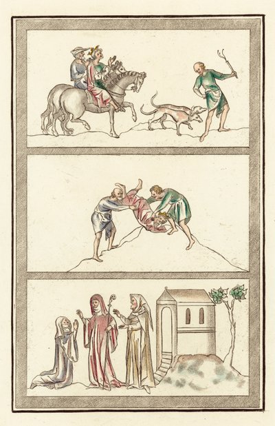 Cenelm, Mercia Kralı, avcılık, Kral, Başrahibe, rahibe ve ankraj cinayeti (renkli gravür) by English School