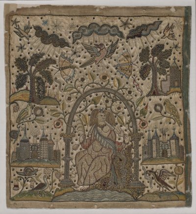 Bir kemerin altındaki sadaka, c.1640 (saten üzerine ipek, metal ipler ve pullar) by English School