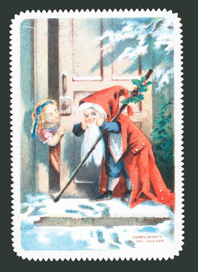 Noel Baba gibi giyinmiş çocuk kapıyı çalıyor, Noel kartı by English School