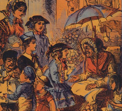 Yaşlı ve yoksul bir kadına para veren çocuk (renkli lito) by English School
