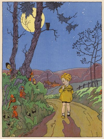 Gece yürüyen çocuk tavşanlar, elfler ve diğer yaratıkları görüyor (renkli taş baskı) by English School