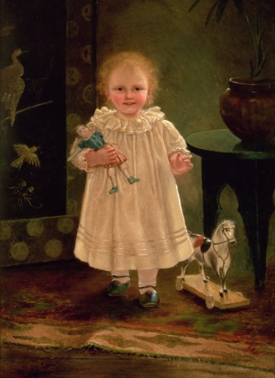 Oyuncak bebeği ve oyuncak atı olan çocuk, 1840 dolayları by English School