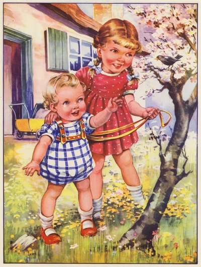 Bahçede karatavukla birlikte çocuklar (renkli taşbaskı) by English School