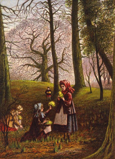 Ormanda çiçek toplayan çocuklar (renkli taş baskı) by English School