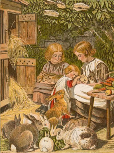 Evcil tavşanlarıyla birlikte çocuklar (renkli taşbaskı) by English School