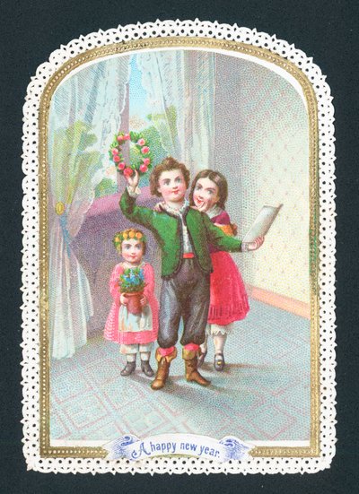 Çelenk ve çiçeklerle çocuklar, Yeni Yıl Kartı by English School