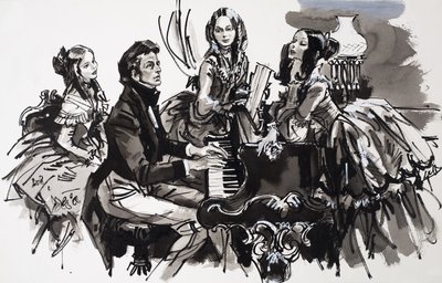 Chopin kadın hayranları ile (kağıt üzerine guaj) by English School