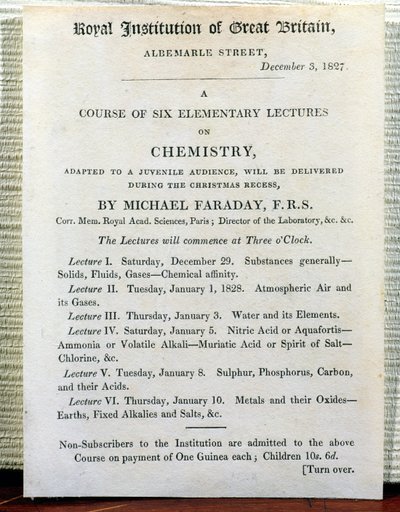 Michael Faraday (1778-1829) tarafından yazılan Kimya Üzerine Altı İlköğretim Dersi için Noel El İlanı 3 Aralık 1827 by English School