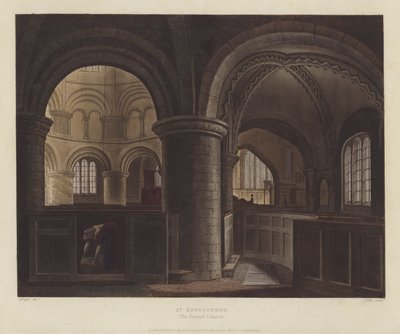 Kutsal Kabir Kilisesi (Yuvarlak Kilise), Cambridge (renkli gravür) by English School
