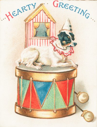 Oyuncak davul, Noel kartı üzerinde palyaço köpek by English School