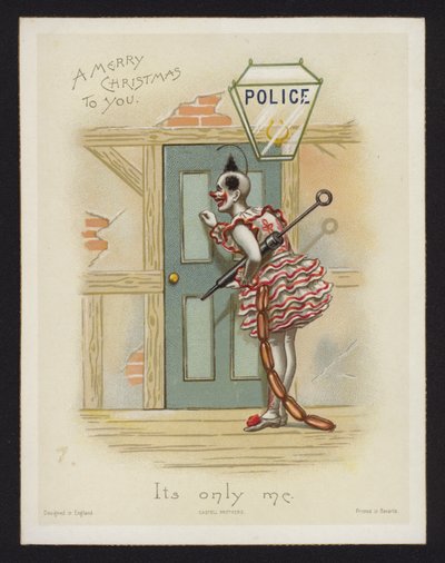 Bir polis karakolunun kapısını çalan palyaço (chromolitho) by English School