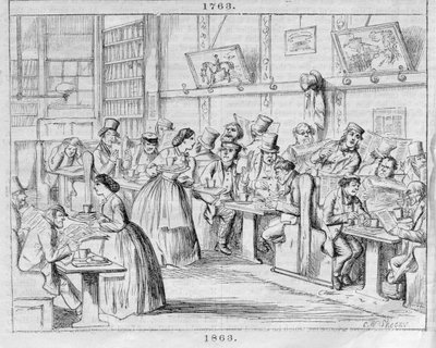 1863'te Kahve Odası, London Coffee-Houses Past and Present'den (renkli gravür) by English School