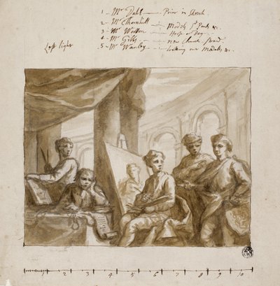 Company of Painters, c.1719 (fırçalı ve kahverengi cilalı, grafit üzeri, fildişi serilmiş kağıt üzerinde) by English School