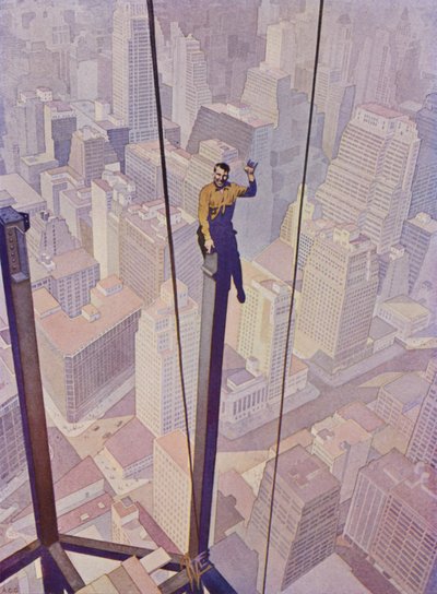 New York City, New York, ABD (renkli taş) sokaklarının üzerinde bir gökdelenin çelik çerçevesindeki inşaat işçisi by English School