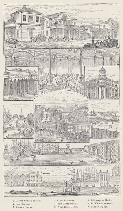 Covent Garden Market, Corn Exchange, Billingsgate Market, Kömür Borsası, Doğu Hindistan Rıhtımları, St Katherine Rıhtımları, Victoria Rıhtımları, Batı Hindistan Rıhtımları, Londra Rıhtımları (gravür) by English School