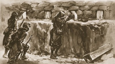 Siper ilmek deliği ekranları olarak kulübe pencere perdeleri: The Illustrated War News, 1915