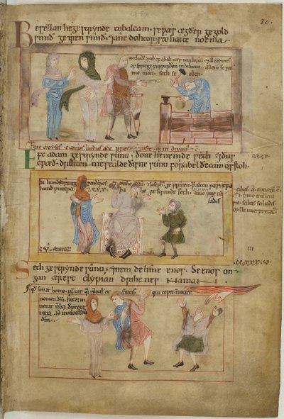 Cotton Claudius B IV fol.10 Lamech ve iki karısı ve oğlu, demirci Tubalcain, iş başında (parşömen) by English School