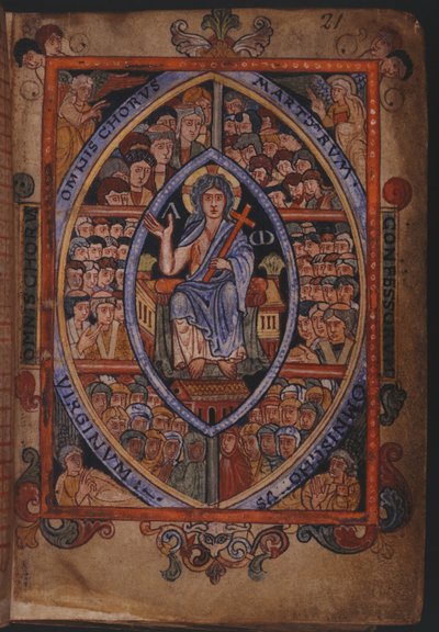 Cotton Galba A. XVIII, f.21 İsa şehitler, günah çıkaran kişiler ve bakirelerden oluşan korolarla tahta çıktı by English School