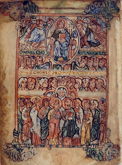 Cotton Galba A. XVIII, f.2v Tutkunun aletleriyle çevrili Majesteleri İsa ve melekler ve peygamberler koroları, 